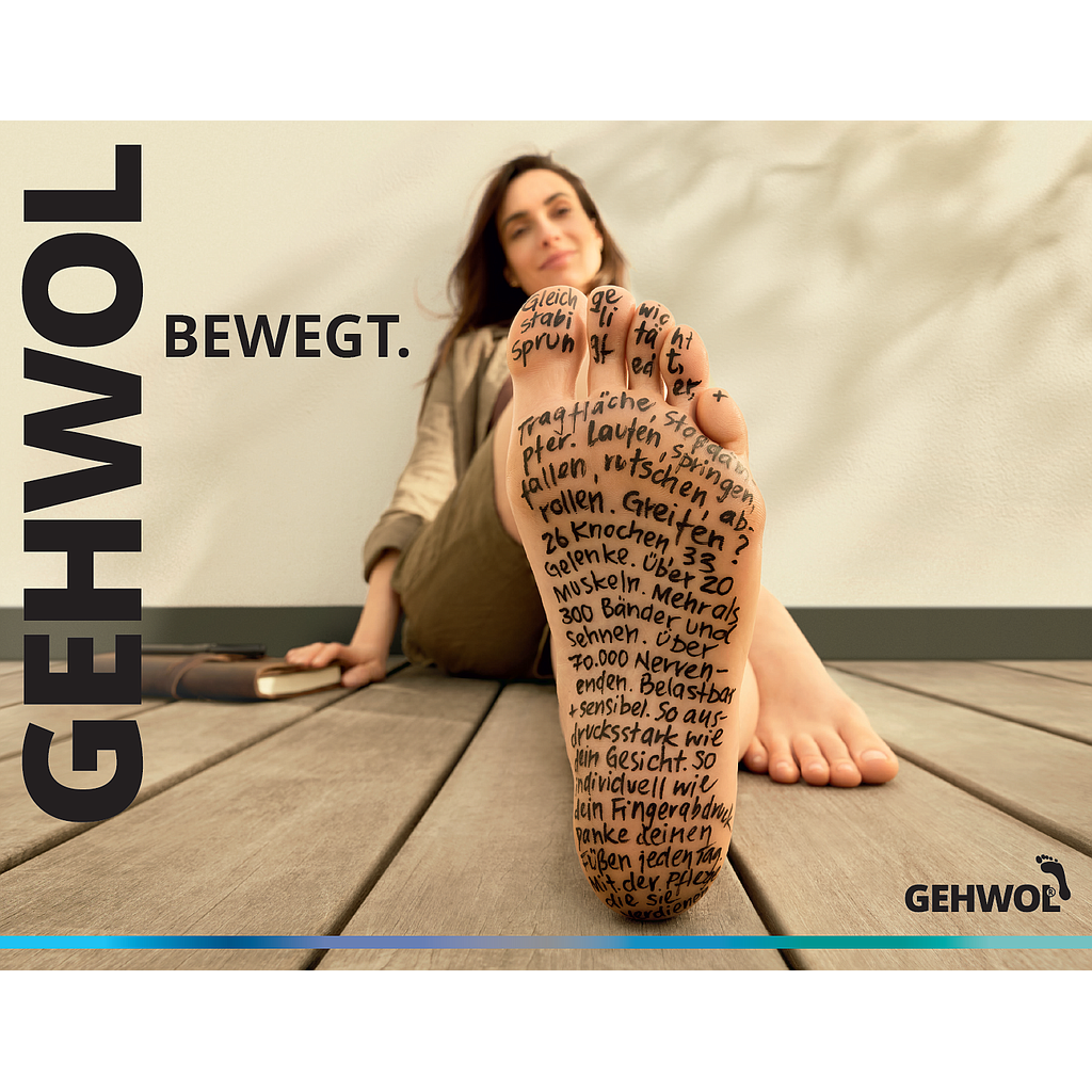 GEHWOL® Relaunch Broschüre 'GEHWOL BEWEGT.' 28 Seiten, Breite 27 cm x Höhe 21 cm