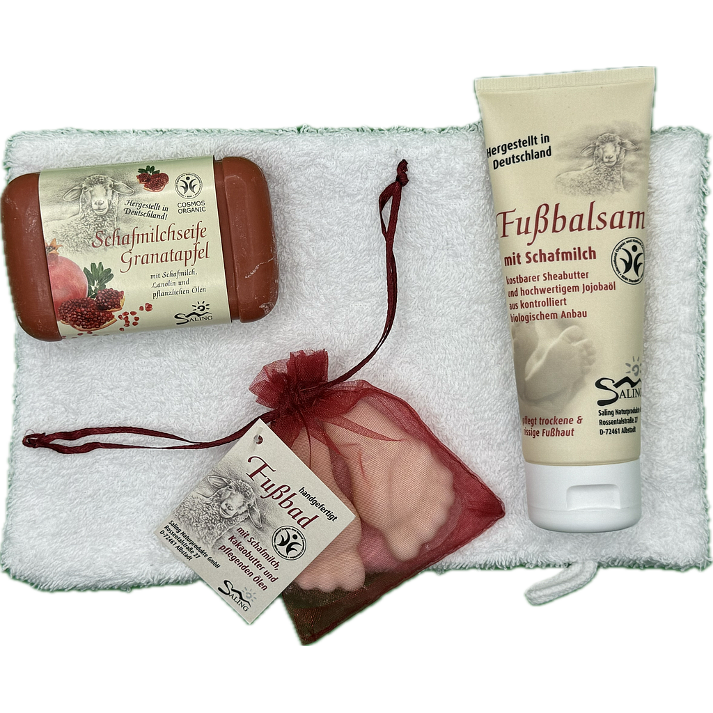 Geschenkset mit Waschhandschuh/Fussbad/Seife/Fussbalsam (alle Produkte mit Schafmilch) von Saling